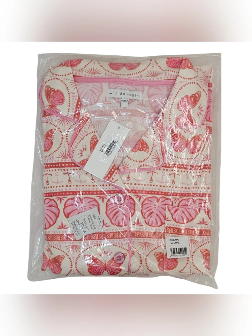 PJ Salvage Pajama Set Butterfly Boho Long Sleeve Button-Up/Pants Natural & Pink